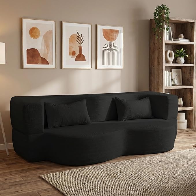 Modern Convertible Sleeper Sofa BedCompact Couch Loveseat Sofa Curved Seating Floor Couch Comfy Teddy Fabric SofaSoft Cloud Couch with Pillows for Apartment Living Room Bedroom (Black)