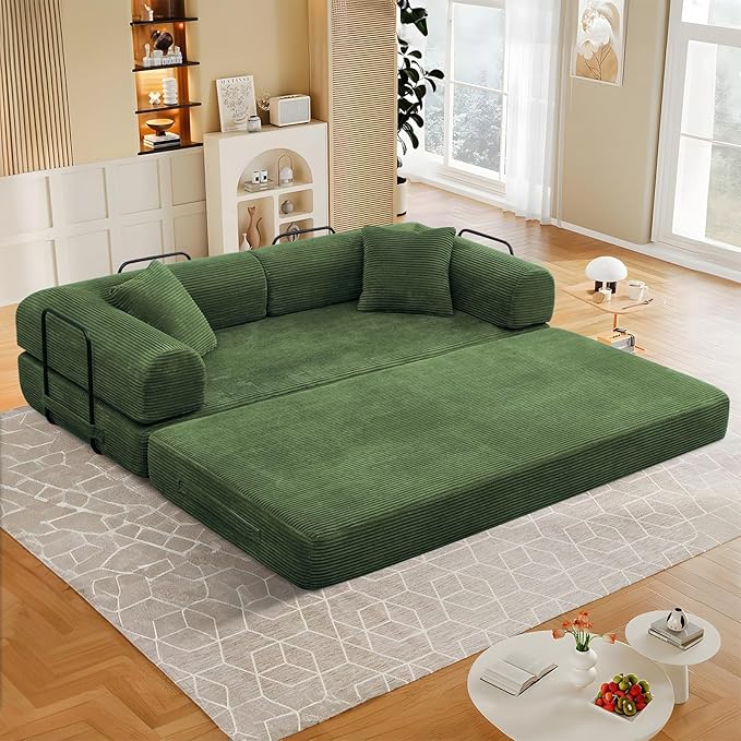 78 Convertible Sleeper Sofa Bed with Cylindrical Pillow Corduroy Folding Mattress Couch with Fixed Frame Floor Sofa Lounge Couch for Living Room Bedroom Apartment Army Green