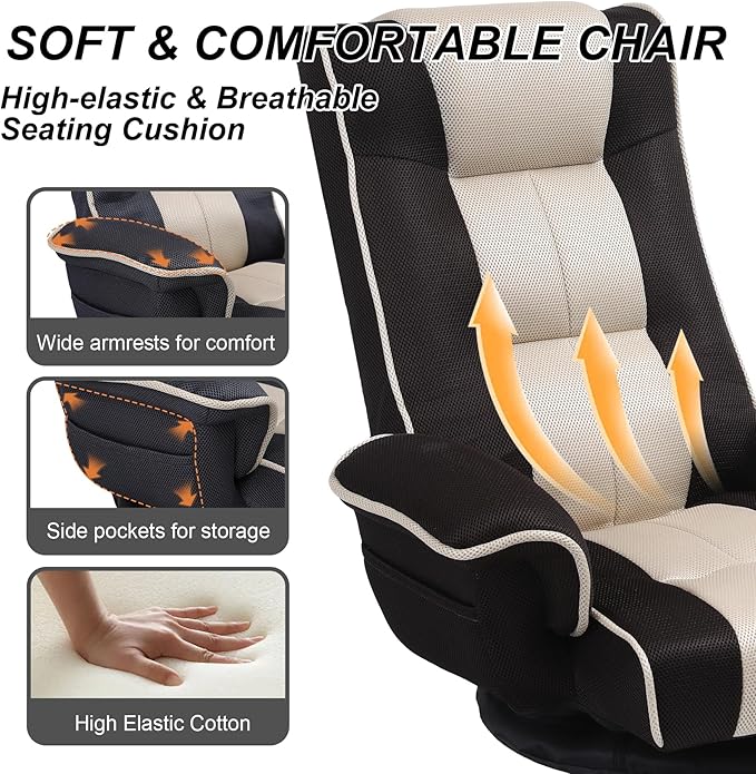 Linen Fabric Ergonomic Gaming Chair 6-Position Reclining Sofa Bed with Lumbar Support Foldable Floor Lounger with Thick Cushion Armrests &amp Side Pockets for Esports Reading Napping (Brown + Be