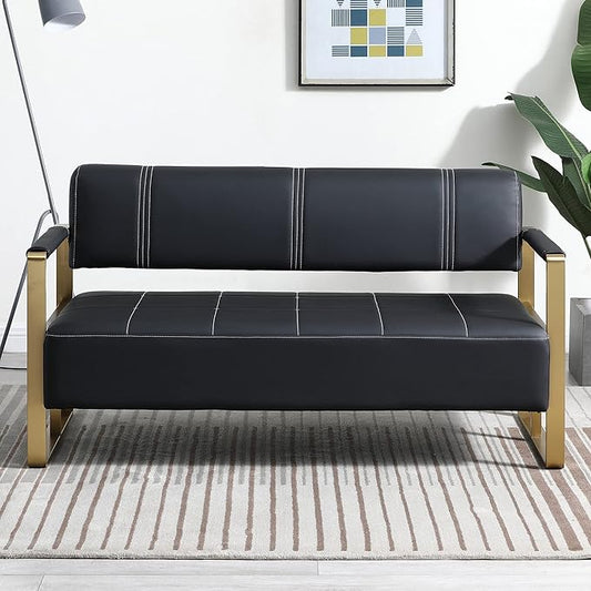 57.9 Modern Leather Loveseat Sofa Upholstery Faux Bonded Leather Accent Futon Couch with Metal Square Arms for Living Room Office Apartment (Black)