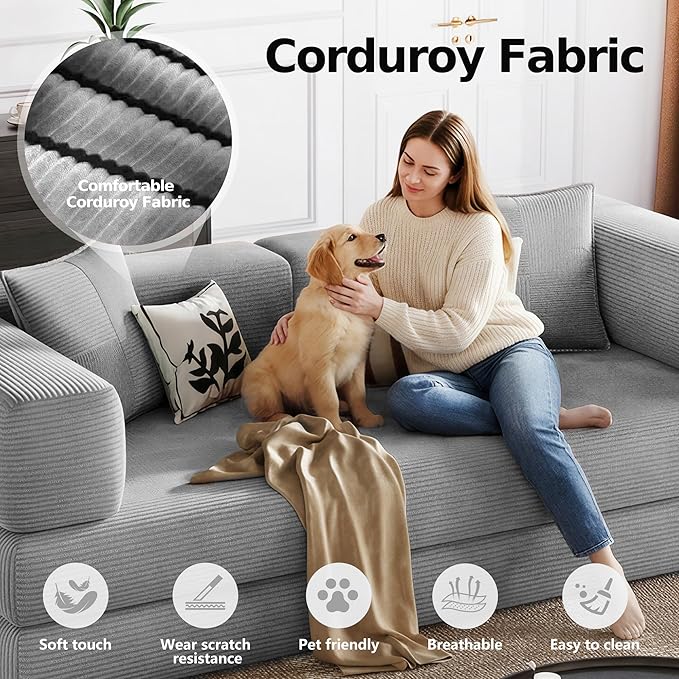 98.4'' Boneless Sleeper Sofa BedConvertible Futon Couch with Storage Pocket and 2 PillowsModular Corduroy Sofa for livingroomSmall speaceGray