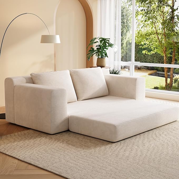 Chogori Loveseat Sleeper Sofa Bed Modern Corduroy Boneless Convertible Couch with Pull-Out Seat Cushion Two Seater Couch for Living Room Bedroom Apartment Home Office No Assembly (Beige)