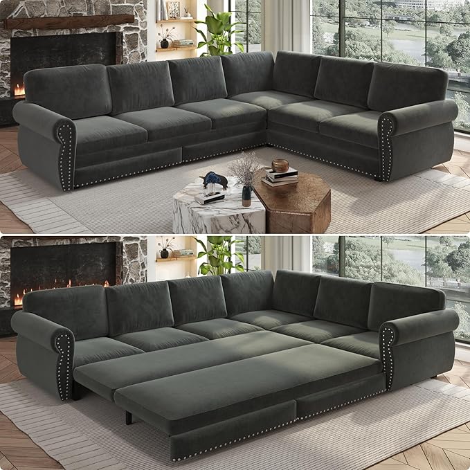118 Sleeper Sofa Bed Sectional Couches for Living Room/Apartment Chenille L Shaped Couch with Pull Out Couch Bed Convertible Sectional Sofa with Rolled Arm &amp Nailhead Trim Dark Grey
