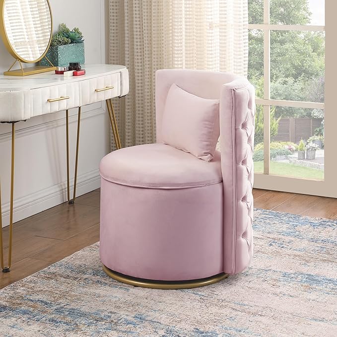 360 Degree Swivel Accent Chair Velvet Round Storage Sofa Club Upholstered Barrel Modern Arm Chair for Nursery Living Room Hotel Bedroom Office Lounge Hotel Office (Pink)