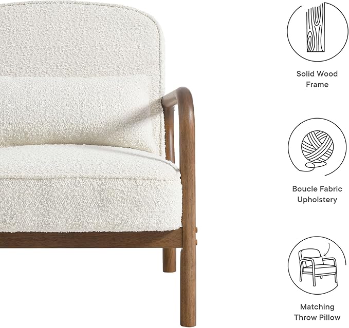 Modway Charlie Boucle Upholstered Wood Accent Armchair in Ivory – Mid-Century Modern Chair with Cushion – Cozy Reading Chair with Solid Wood Frame – Fabric Upholstered Armchair for Living Room