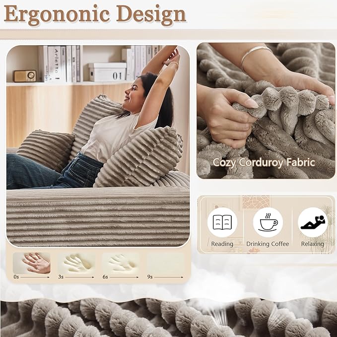 75” Oversized Sectional Double Lounge Chaise Fluffy Modern Sleeper Loveseat Sofa Chair Modern Corduroy Sleeper Loveseat Chair for Living Room Bedroom Reading No Assembly Camel