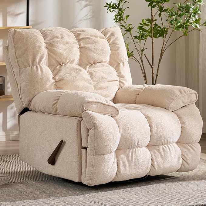 Dozzy Oversized Rocker Recliner ChairOverstuffed Rocking Chair with Breathable Velvety Fabric Soft Padded Headrest and Armrest Manual Recliner Extra Large Living Room Chair Up to 350 LBS White