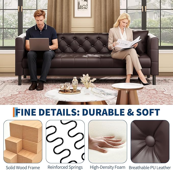 IDEALHOUSE 81 Mid-Century Modern Leather Sofa for Living Room Chesterfield Sofa with Deep Seats and 2 Pillows 3 Seater Couch with Button Tufted Leather Couch for Apartment Office Dark Brown