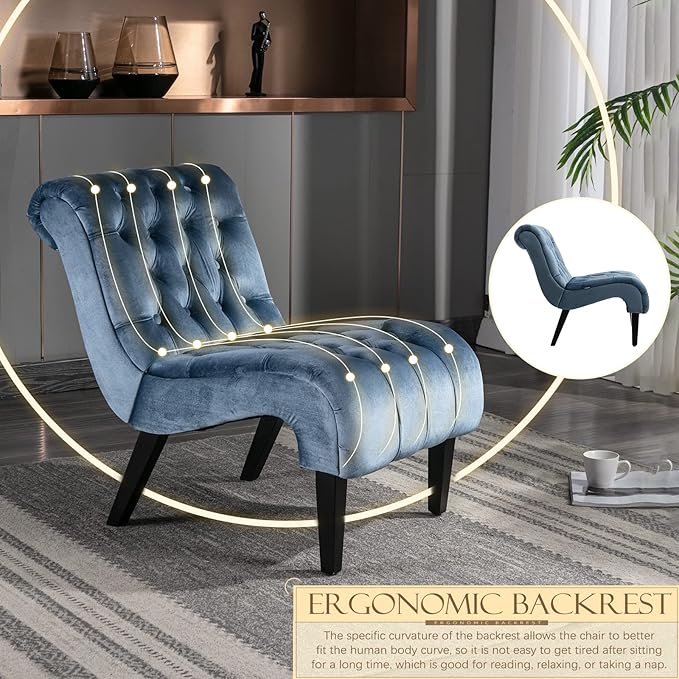KINFFICT Velvet Accent Lounge Chair for Living Room Modern Leisure Chair with Tufted Backrest Indoor Armless Side Chair Upholstered Bedroom Sleeper Chairs with Solid Wood Legs