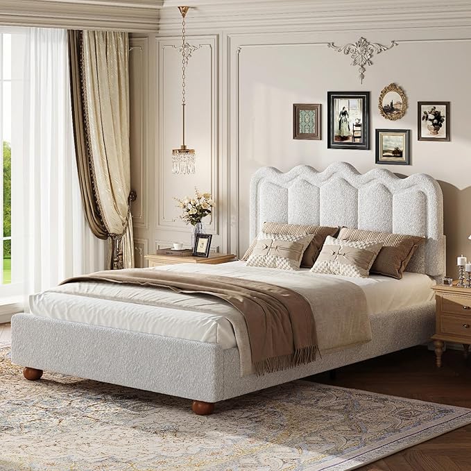 Queen Size Bed Frame with Headboard Boucle Bed Frame Soft Upholstered Platform Cloud Bedframe with Footboard Solid Wood Legs Solid Wooden Slats Support No Box Spring Required Easy Assembly