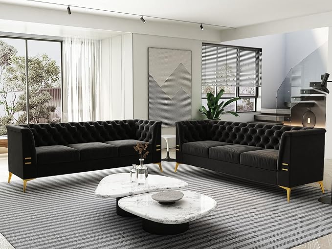 Tomkate 82 Black Velvet Chesterfield Sofa Mid-Century Modern Tufted 3-Seater Couch with Flared Arms Removable Cushions &amp Gold Metal Legs for Living Room (Black)