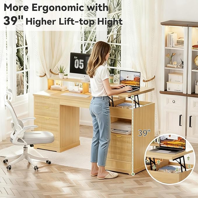 Fluted Desk with Drawers 63 Home Office Executive Desk with Lift Top Filing Cabinet Gaming Desk Charging Station Sensor Lights Computer Table with Monitor Stand Natural Wood