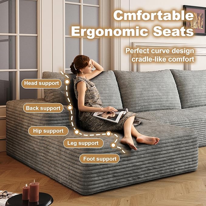 136 Sectional Couches for Living Room Cloud Couch Sofa with L-Shape Upholstered Boneless Couchs Modern Modular Sectional Couch with Chaise (Grey 136 Left Facing Chaise+3Seaters+Ottoman)