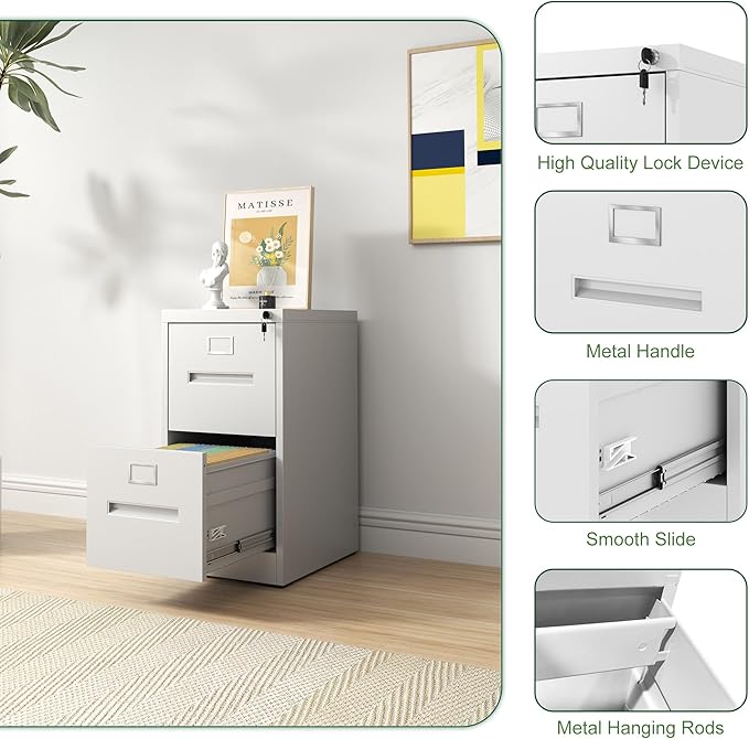 2 Drawer Metal File Cabinet with Lock Small Filing Cabinet Organizer for Home Office Under Desk Storage with Locking DrawersAssembly RequiredWhite