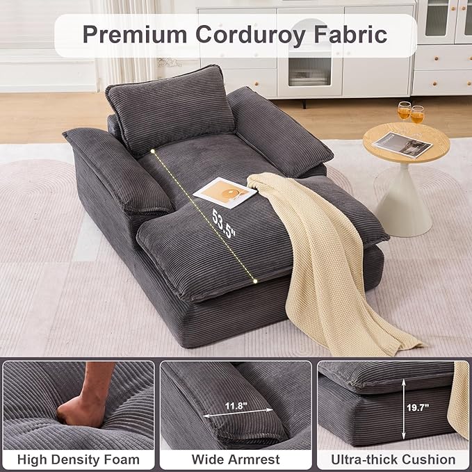 GNIXUU 67 Oversized Chaise Lounge Chair Indoor Corduroy Upholstered Boneless Sleeper Sofa Bed Comfy Large Reading Chair with Wide Armrests Plush Cloud Couch for Living Room Bedroom Gray