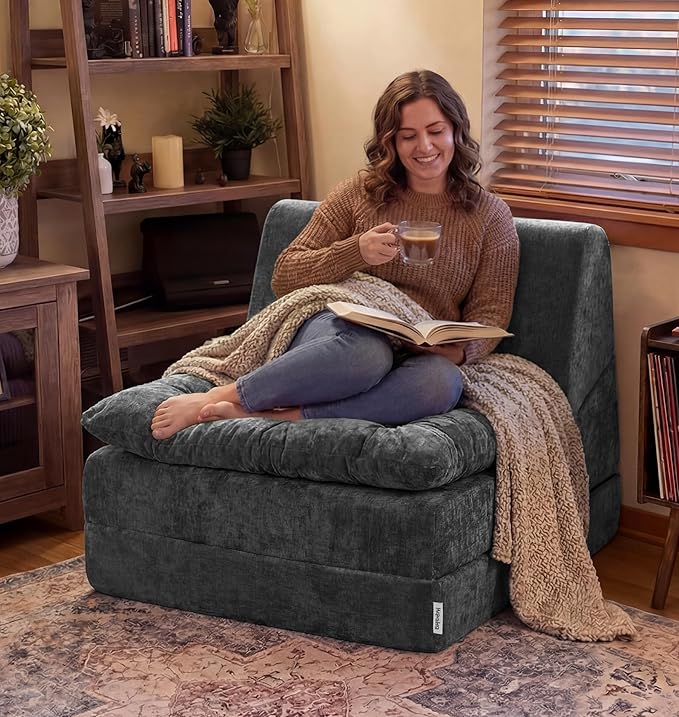 Hobestluk Sofa Couch Folding Sofa Bed Comfy Floor Lounger Convertible Sofa with Removable Cushion Couches for Small Spaces Foldable Mattress for Living Room Bedroom or Office (Chenille Grey Large)