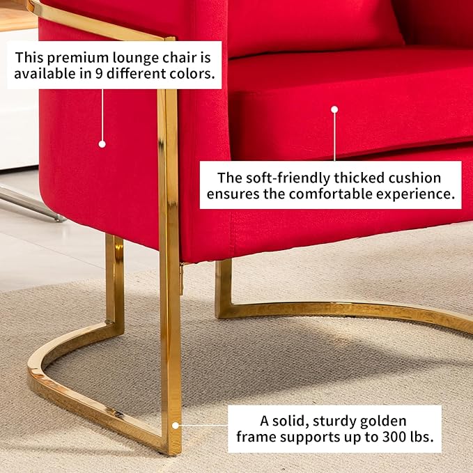 Velvet Modern Accent Chair Upholstered Barrel Armchair Mid Century with Pillow for Living Room Comfy Single Vanity Chair with Metal Gold Legs for Bedroom Rose Red