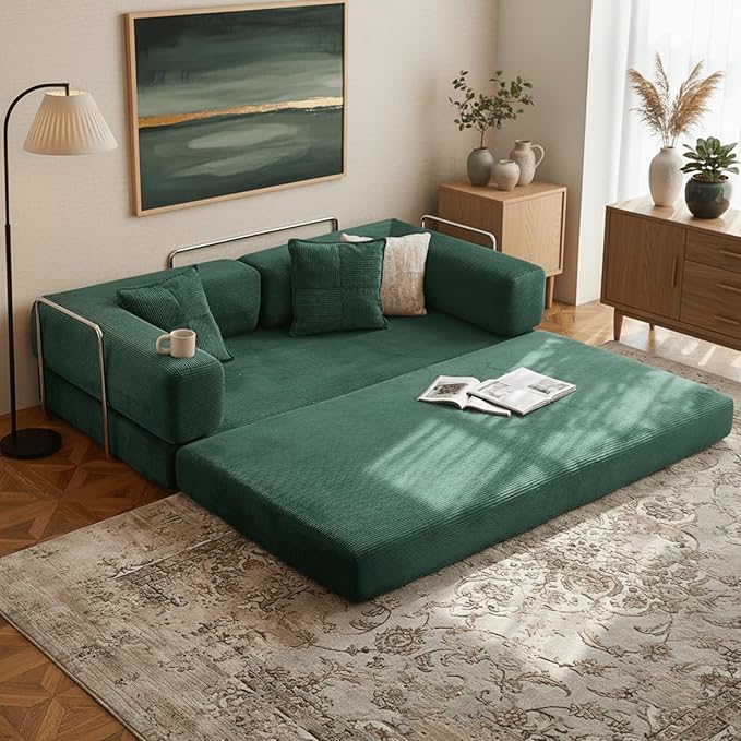 Alpen 77 Futon Sofa Floor Foldable Sofa Couch Bed Queen with L-Shaped Armrests Futon Bed with Mattress Included Fold Out Comfy Lounge for Living Room Bedroom Dark Green