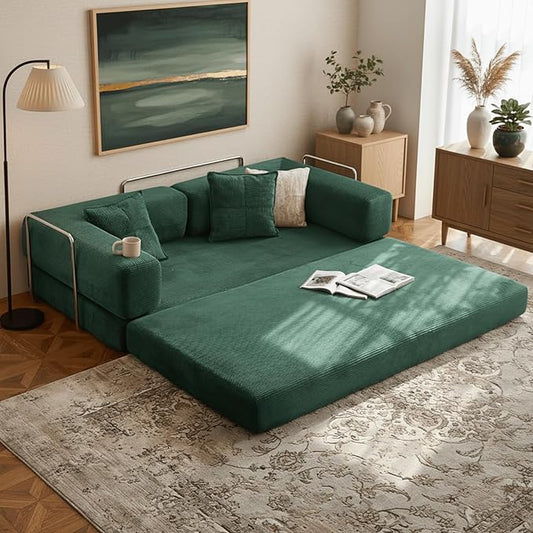 Alpen 77 Futon Sofa Floor Foldable Sofa Couch Bed Queen with L-Shaped Armrests Futon Bed with Mattress Included Fold Out Comfy Lounge for Living Room Bedroom Dark Green