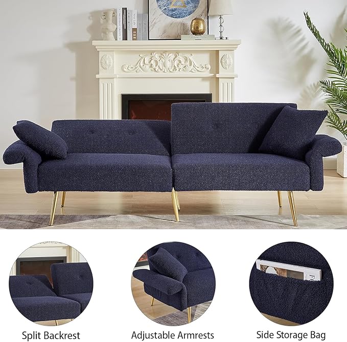 69.5'' Futon Loveseat Sofa Bed Comfy Teddy Upholstered Folding Couch with Adjustable Backrest and ArmrestsSleeper Couches with Side Pocket and Gold Metal Legs for Living Room (Dark Blue)
