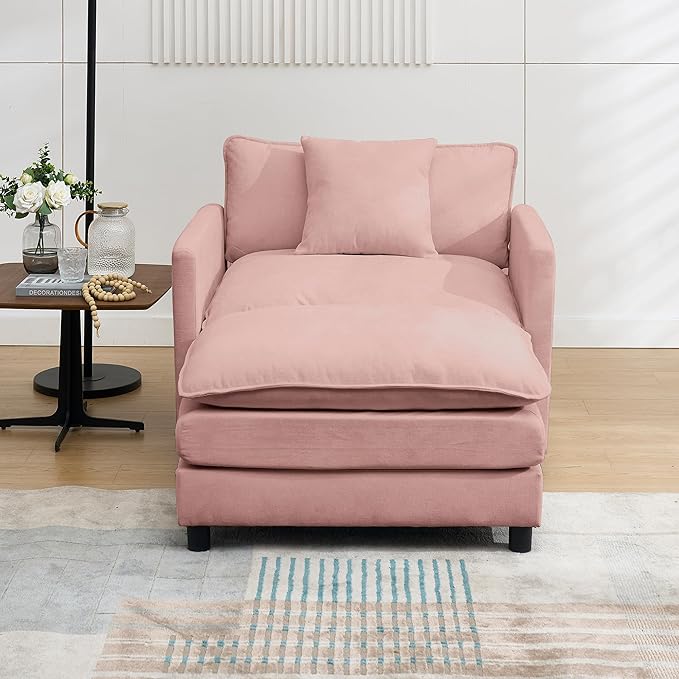 Oversized Chair with Ottoman Chenille Upholstered Deep Seat Couch Armchair 40.16'' Comfy Chaise Lounge Indoor with Thick Cushion for Living Room (Pink 40.16'' Single Seat Sofa &amp 1 Ottoman)