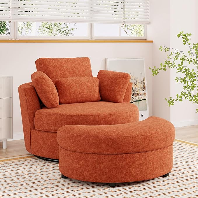 Oversized Swivel Accent Chair with Half Moon Storage Ottoman 42 W Chenille Round Swivel Barrel Chair Modern Upholstered Comfy Single Sofa Armchair for Living Room Bedroom Club(Orange)