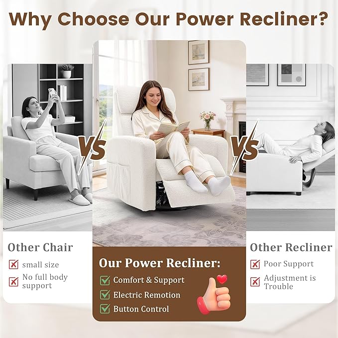 Power Swivel Recliner Chairs for Adults Electric Glider Rocking Chair Nursery Glider Recliner Nursery Chair with Classified Side Pocket Nursery Rocking Chairs with USB and Type-C Ports