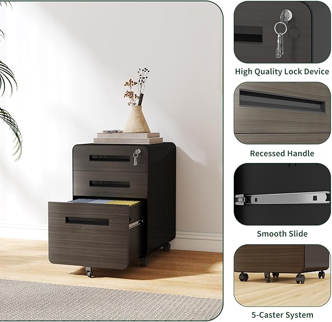 Metal 3 Drawer File Cabinet with Lock on Wheels Locking Filing Cabinet with Key for Home Office Rolling Filing Cabinets with Wheels All-Steel Metal 110 LBS Capacity (3 Drawer Black)