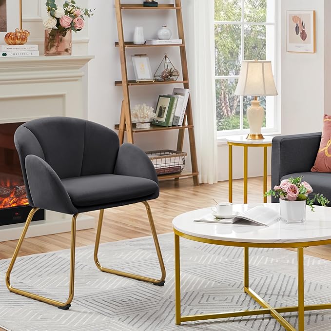 Yaheetech Flower Shape Velvet Armchair Modern Side Chair Vanity Chair with Golden Metal Legs for Living Room/Dressing Room/Bedroom/Home Office/Kitchen Dark Gray