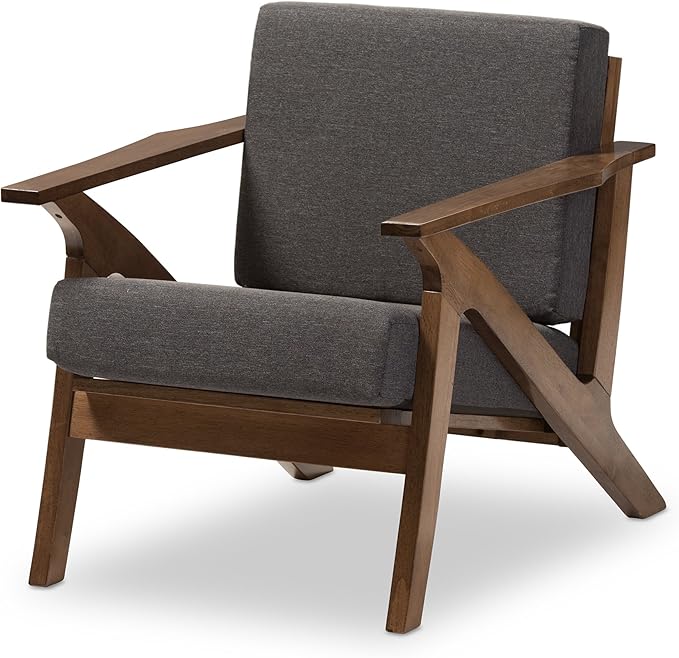 Baxton Studio Genie Mid-Century Modern Wood Grey Fabric Living Room 1-Seater Lounge Chair Walnut