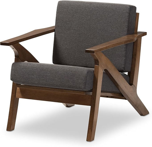 Baxton Studio Genie Mid-Century Modern Wood Grey Fabric Living Room 1-Seater Lounge Chair Walnut