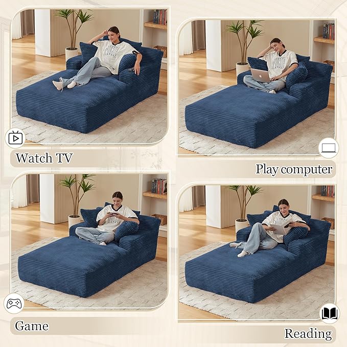 80 Inch Chaise Lounge Chair Indoor Oversized Corduroy Upholstered Boneless Sofa Bed Deep Seat Sleeper Couch Reading Chairs Cloud Sofas Couches for Living Room No Assembly Required (Blue)