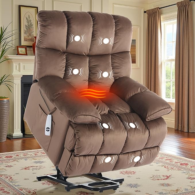 Power Lift Recliner for Elderly with Heat and Massage Electric Velvet Lift Recliner Chair with Side Pockets and USB Charge Port for Bedroom Living Room and Nursing Home Brown