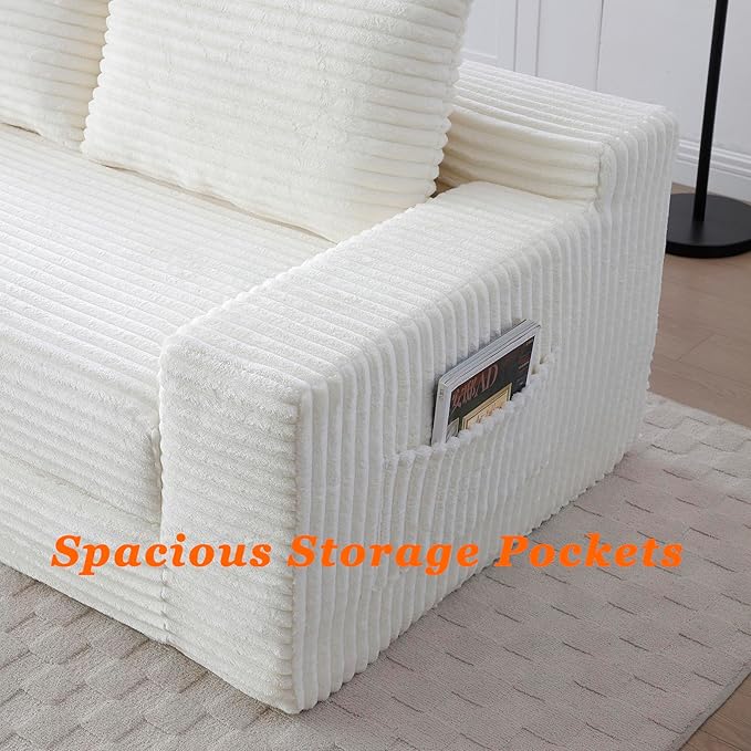 73 Cloud Loveseat Sofa Bed Beige - Boneless 2-Seater Couch No Assembly Convertible Folding 2-in-1 Design Small Space Corduroy Memory Foam Floor Lounge Couch for Bedroom Living Room (Beige)