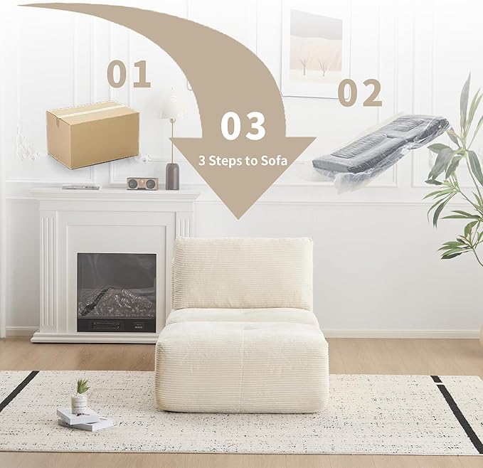 Memory Foam Compressed Sofa Bed Modern Beige Single Chaise Louge Comfy Futon Floor Couch Pet Friendly Fectional Couch for Living Room Bedroom No Assembly Movable OttomanCorduroy