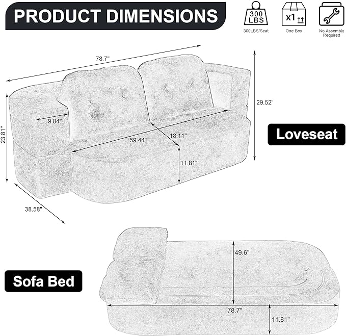 78.7 W Boneless Cloud Loveseat Sofa 2 in 1 Convertible Floor Folding Couch Bed No Assembly Compressed Foam Lounge Sofa Sleeper for Dorm Apartment Office Bedroom Living Room Small Spaces