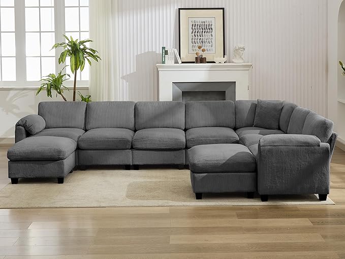DRMBOOK 140.6'' U Shaped Modular Sectional Cloud Couch Comfy Corduroy 7 Seater Sofa with Curved Armrest Modern Deep Seat Sofa for Living Room (Grey 6 Seat+1 Corner+2 Ottoman)