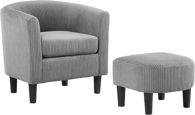 Modern Accent ChairUpholstered Arm Chair Corduroy Single Sofa Chair with Ottoman Foot Rest Comfy Armchair for Living Room Bedroom and OfficeGrey