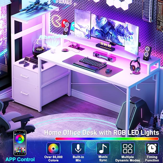 Aheaplus Gaming Desk with LED Strip &amp Power Outlet 59Inch Reversible Computer Desk with Monitor Stand &amp Storage Shelves Home Office Desks with Fabric File Drawer Gamer Table PC Desk White