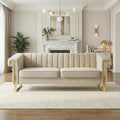 Luxury Velvet 3-Seater Sofa Mid-Century Modern Couch with Gold Metal Legs Waterfall Stitched Back Removable Cushions for Living Room Durable &amp Comfortable (Beige)