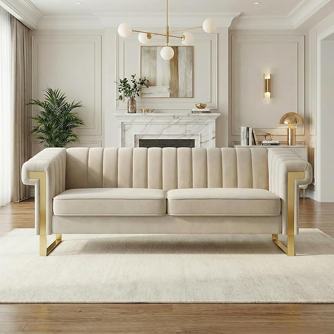 Luxury Velvet 3-Seater Sofa Mid-Century Modern Couch with Gold Metal Legs Waterfall Stitched Back Removable Cushions for Living Room Durable &amp Comfortable (Beige)