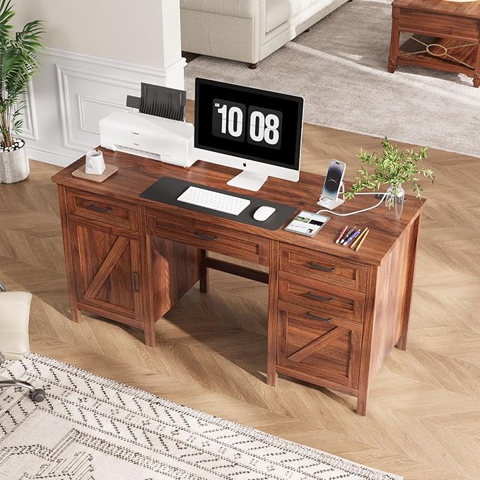 VOWNER Executive Desk with File Drawer Farmhouse Office Desk with Charging Station Computer Desk Workstation for Home Office Walnut