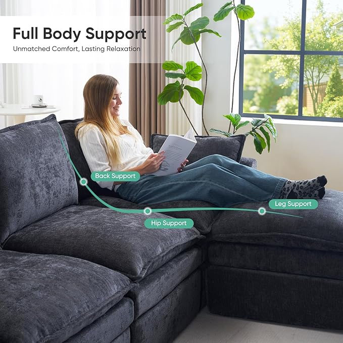 113 Cloud Sectional Boneless Couch for Living Room Modern Modular Sectional Sofa Deep Seat with Ottoman Oversized Comfy Sectional Couches L Shaped Cloud Couch with Side PocketsBlack