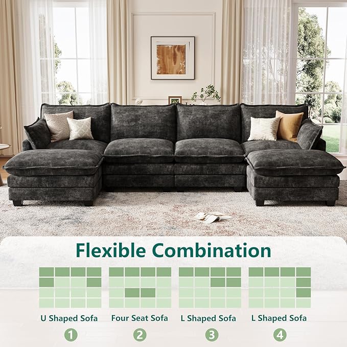 Modular Sectional U Shaped Sofa Couches for Living Room Cloud Couch with Movable Ottoman Comfy Chenille Sofa with Pillow for Bedroom and ApartmentBlack
