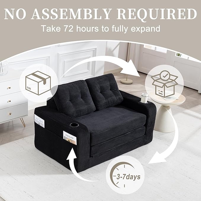 53'' Folding Sofa Bed Boneless Loveseat Sleeper Sofa 2 in 1 Convertible Foldable Pull Out Sofa Bed with Pillows Comfy Cloud Floor Couch for Living Room Small Space No Assembly (Black)