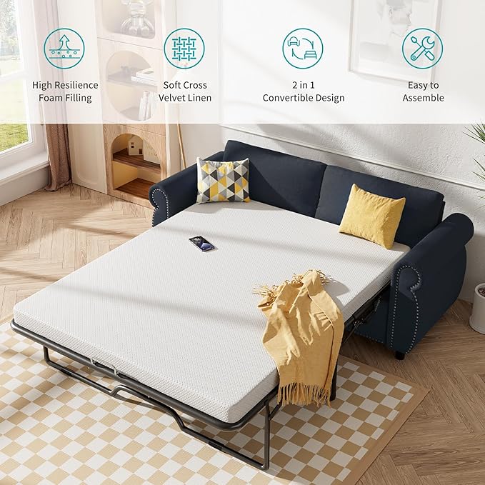 BALUS Pull Out Sofa BedQueen Size Sleeper Sofa Couch with Memory Foam Mattress 2-in-1 Convertible Pullout Couch Bed for Living Room Office Apartment-GreyQueen