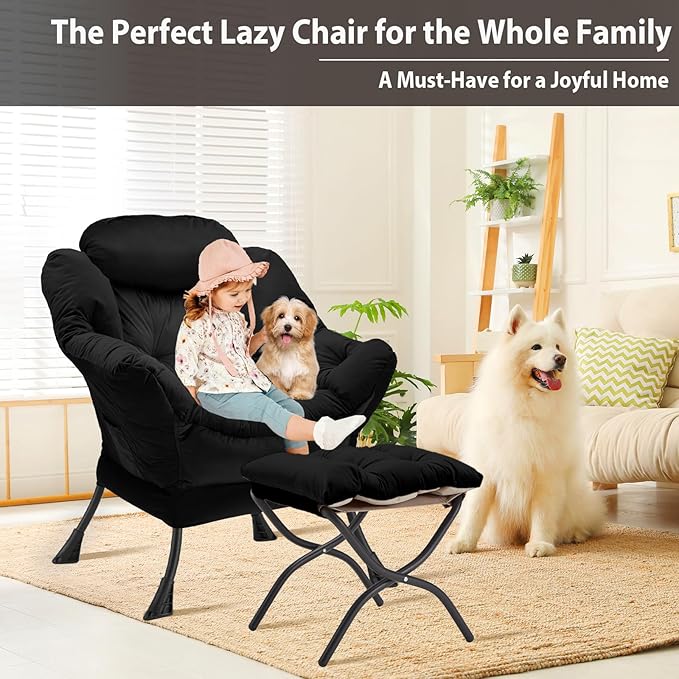 Lazy Chair with Folding Ottoman Accent Chair Velvet Upholstered with Metal Structure and Non-Slip Pads Sofa Armchair with Footrest and Side Storage Bag for Dorm Room Office Black