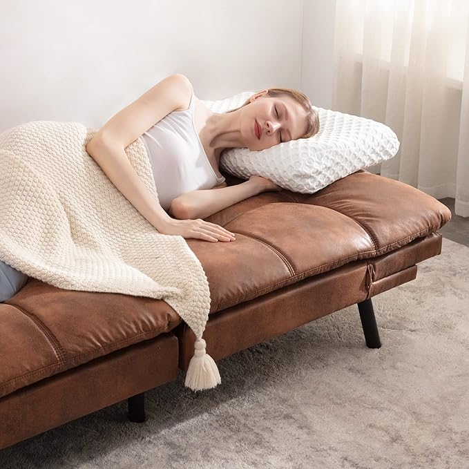 Vyfipt Futon Sofa Bed/Couch Memory Foam Small Splitback Sofa for Living RoomModern Loveseat with Covertible ArmrestsFaux Leather/Cushion Thicker Version(Brown)