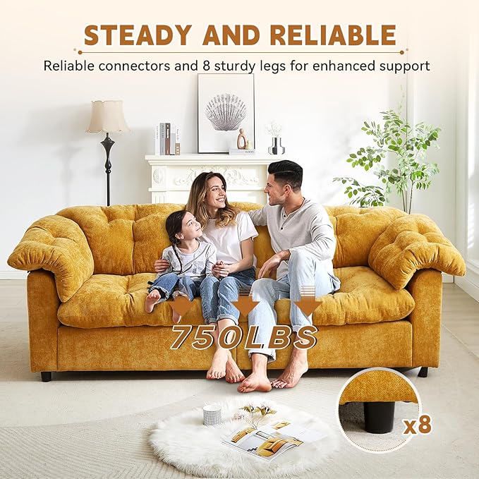 3-Seater Couch 94.8 inch Oversized Modern Comfy Tufted Chenille Fabric Cloud Fluffy Foam Deep Seat Soft Loveseat Sofa Couch for Living Room Bedroom Office Yellow
