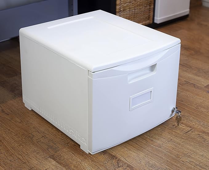 Storex Plastic One-Drawer File Cabinet – Locking Document Organizer for Home and Office White 1-Pack (61271A01C)